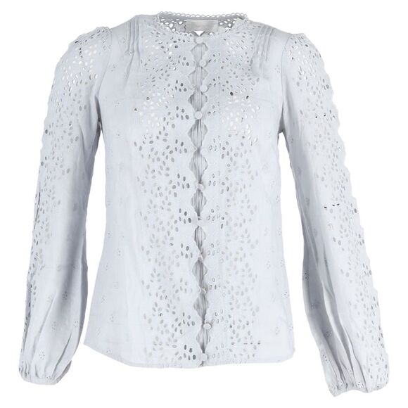 Zimmermann Iris Broderie Anglaise Long Sleeve Top in Light Blue Linen